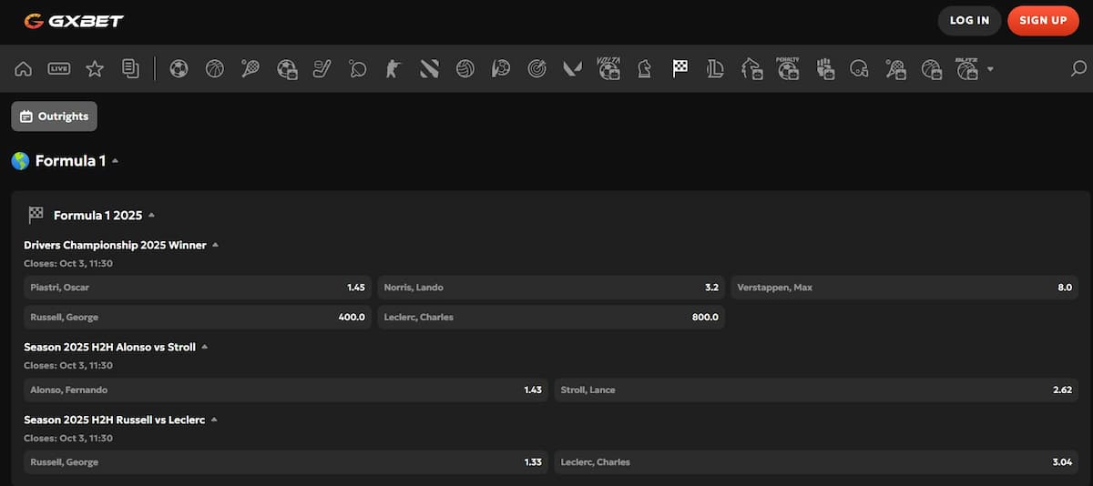 Gxbet - F1 bookmaker met autoracing als thema