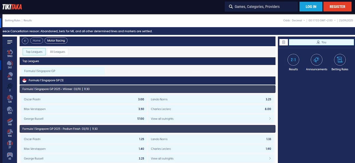 TikiTaka - Beste site voor F1 wedden met terugkerend voordeel