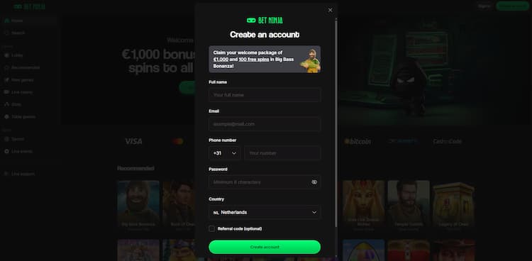 BetNinja Stap 1 Account aanmaken