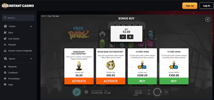 Instant Casino Fear the Dark en 10% cashback zonder wagering