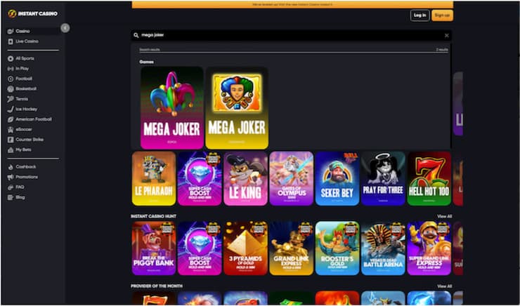 Instant Casino Mega Joker en 10% cashback