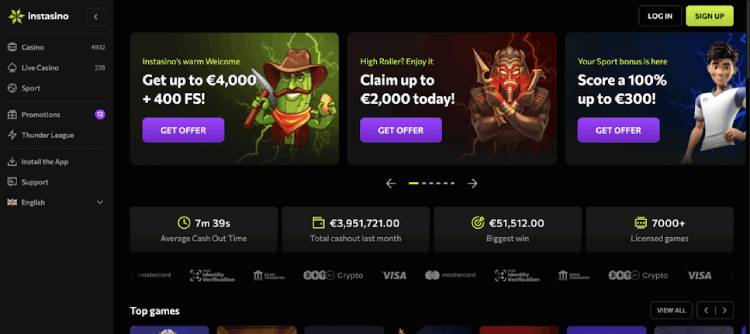 Instasino: Geen registratie vereist bij dit casino met supersnelle uitbetalingen