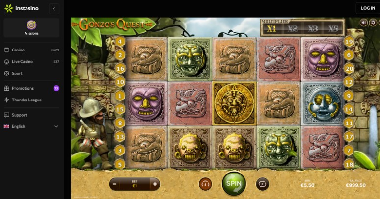 Instasino Gonzo's Quest en 10% Cashback via Thunder League