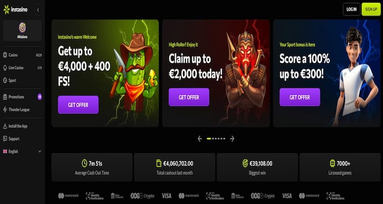 Instasino casino homepage met bonusaanbiedingen tot €4.000 en sportbonus tot €300