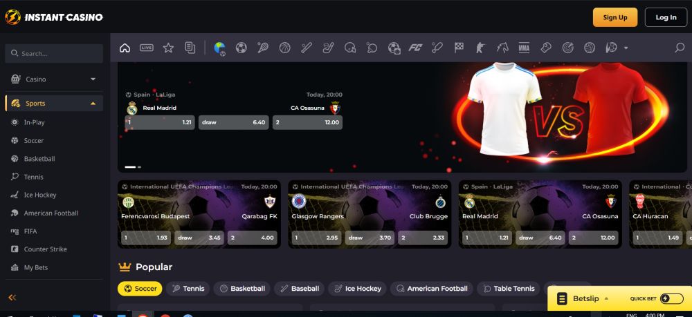 apostas desportivas no instant casino com odds elevadas