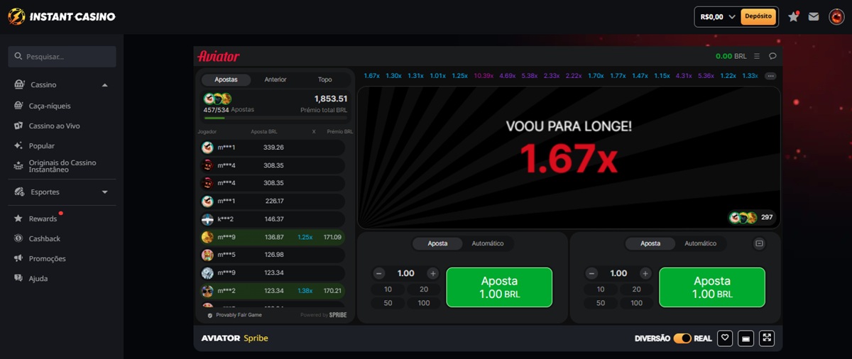 Interface de apostas Aviator Instant Casino