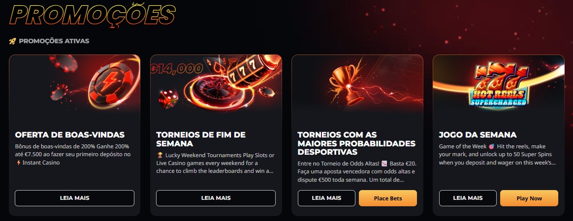 Principais ofertas disponíveis no Instant Casino