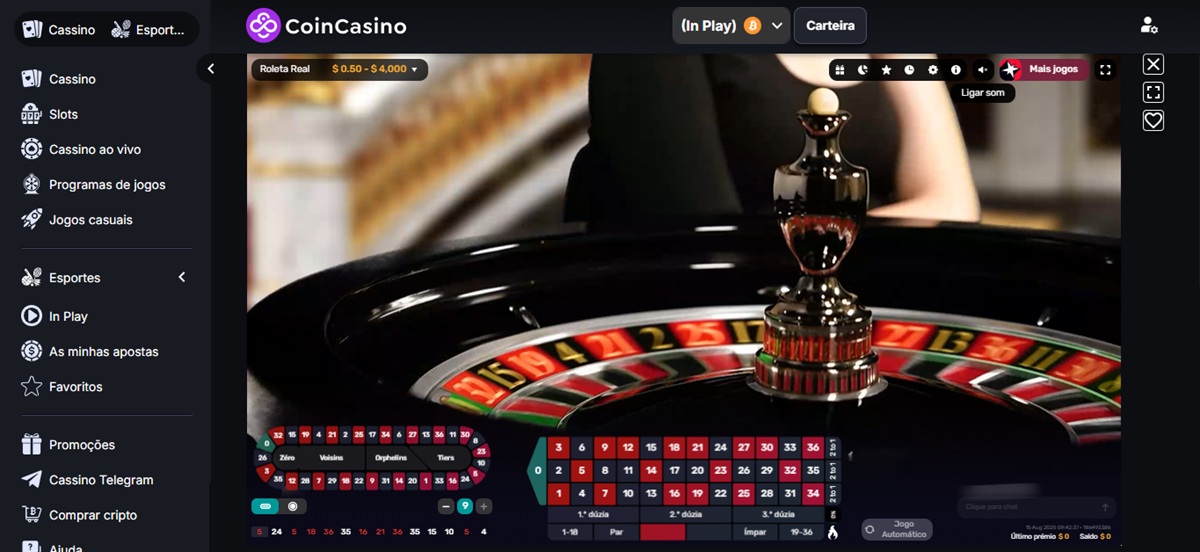 Interface de apostas roleta ao vivo CoinCasino