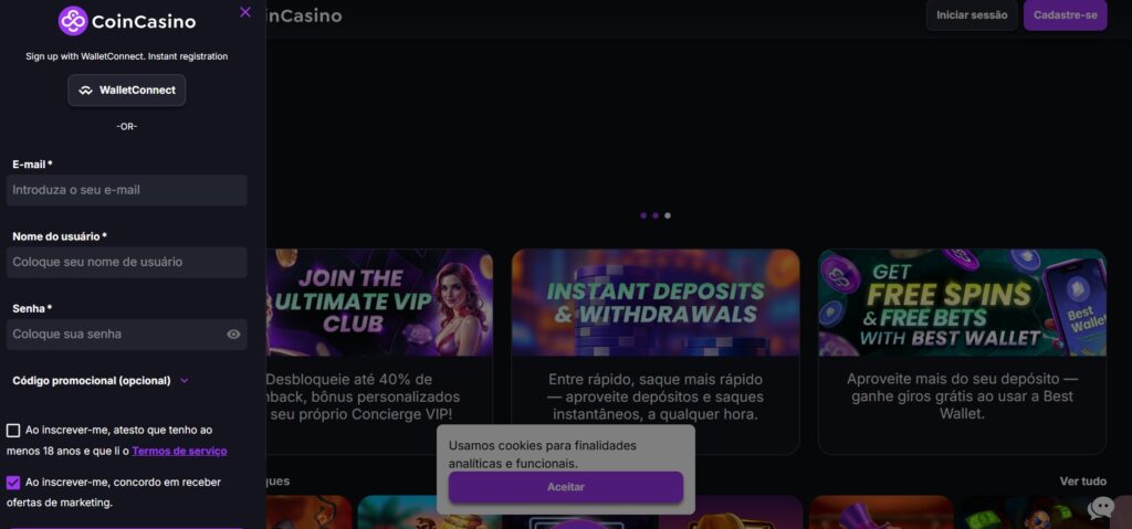 Tela inicial para criar conta no CoinCasino