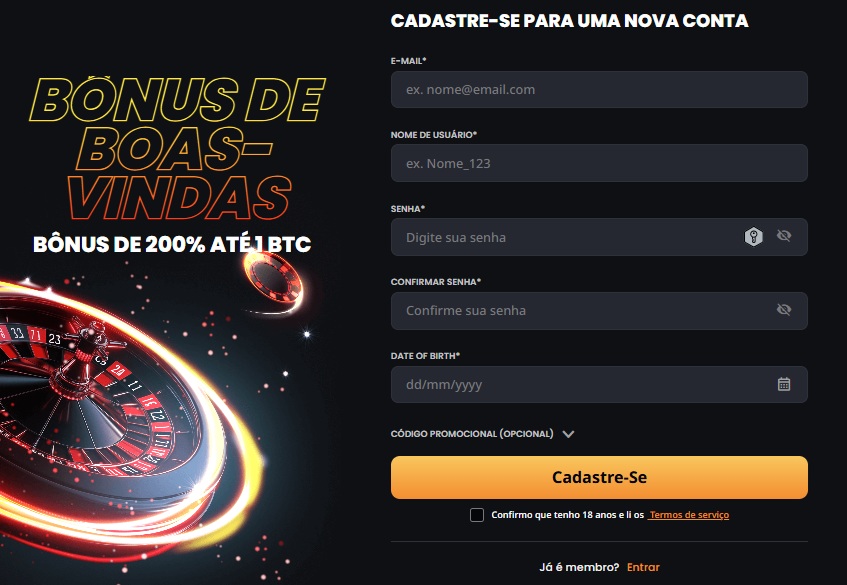 Formulário de Cadastro do Instant Casino