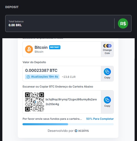 Formulário de depósito no Instant Casino