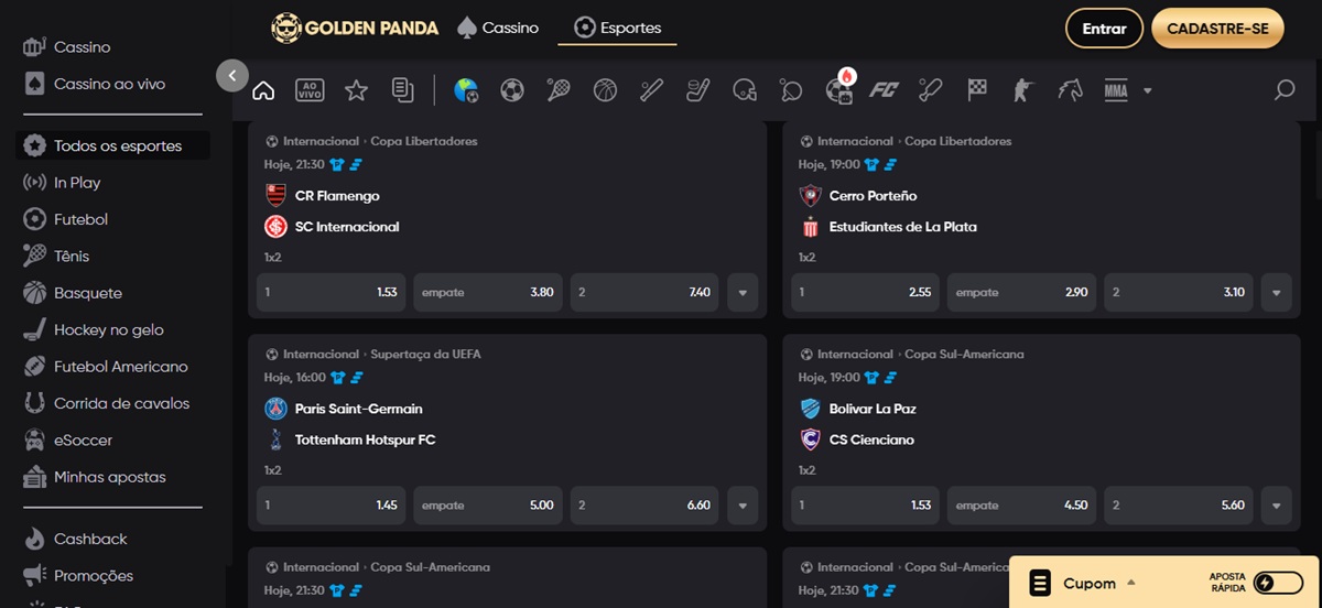 No Golden Panda os jogadores encontram milhares de eventos esportivos