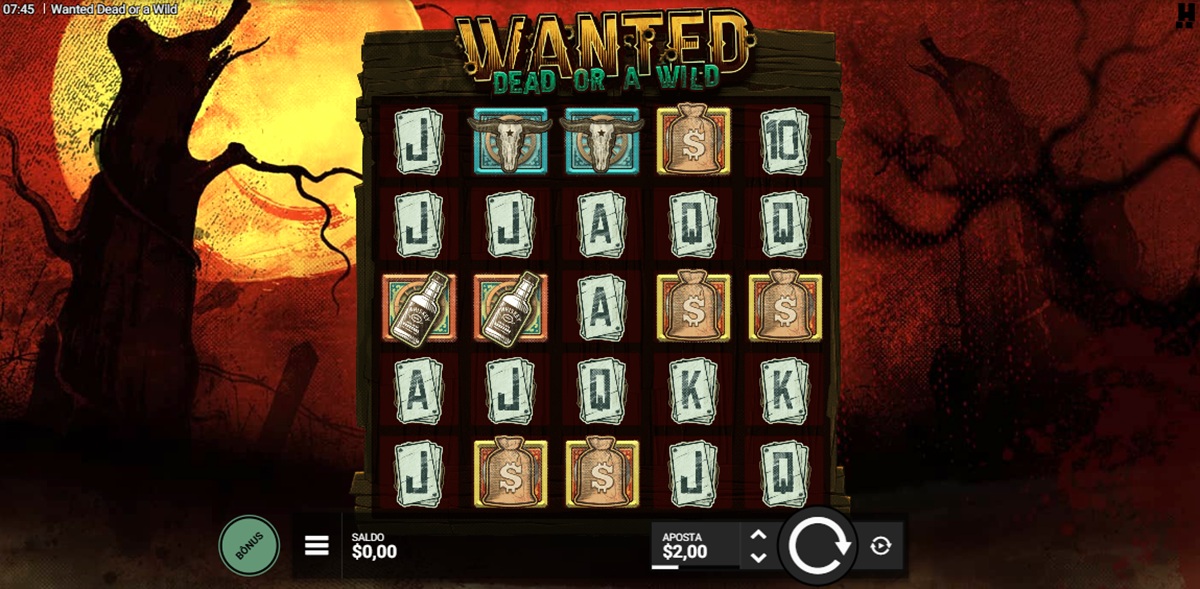 Gráficos do Slot Wanted Dead or a Wild contém símbolos que remetem ao velho oeste