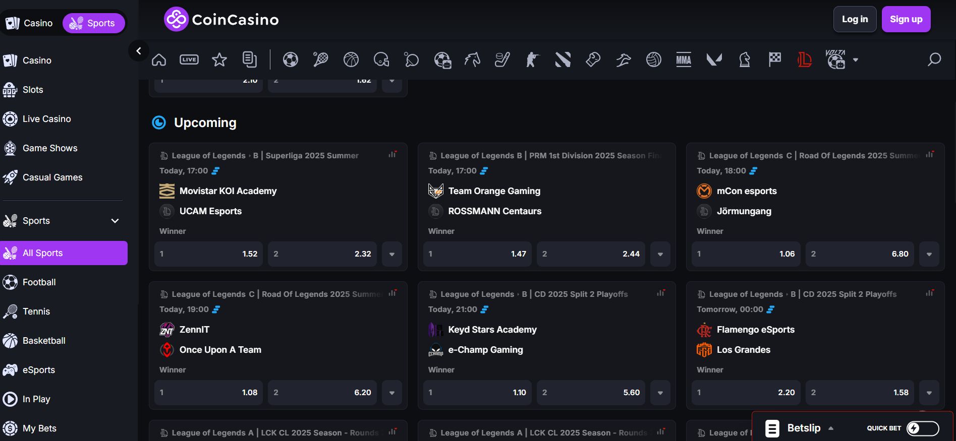coincasino com apostas desportivas de esports, futebol e mais