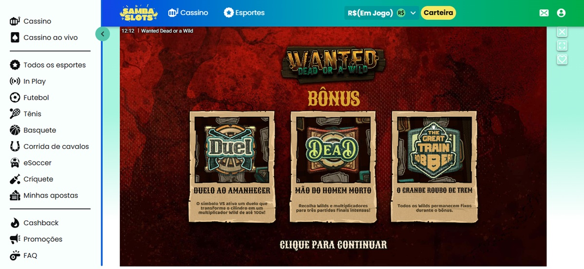 Samba Slots possui milhares de slots em seu catálogo, incluindo o Wanted Dead or a Wild