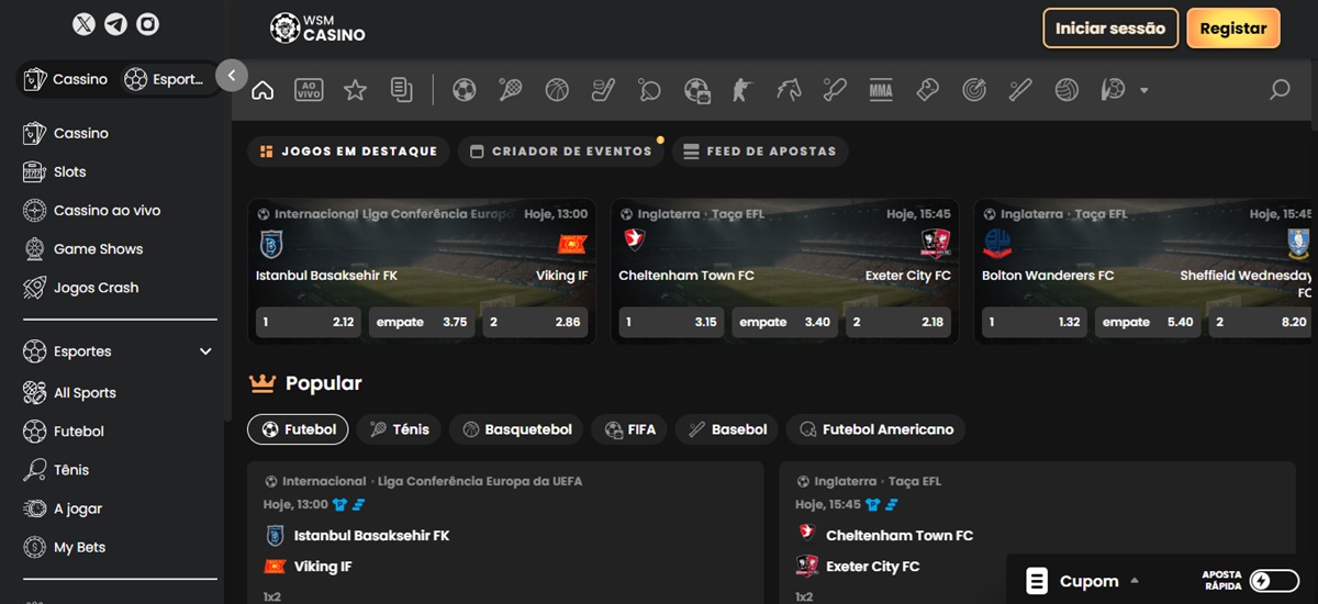 O WSM Casino oferece odds compatíveis com a média do mercado para apostar em esportes