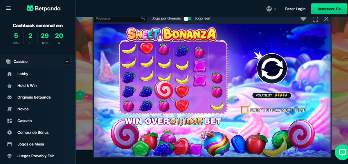 Sweet Bonanza é um dos títulos disponíveis no BetPanda