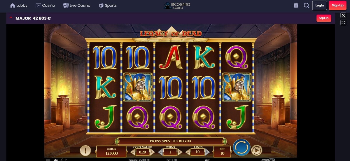 Slot Legacy of Dead no Incognito