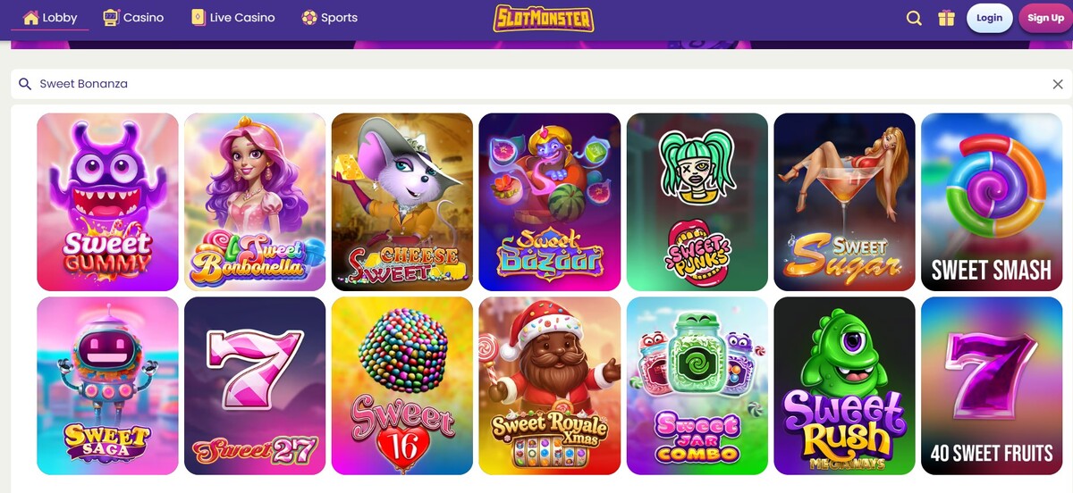 Slotmonster tem títulos como Sweet Bonanza