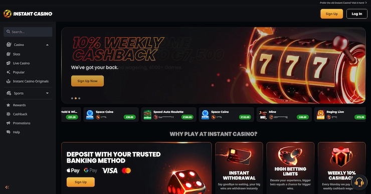 Instant Casino hemsida
