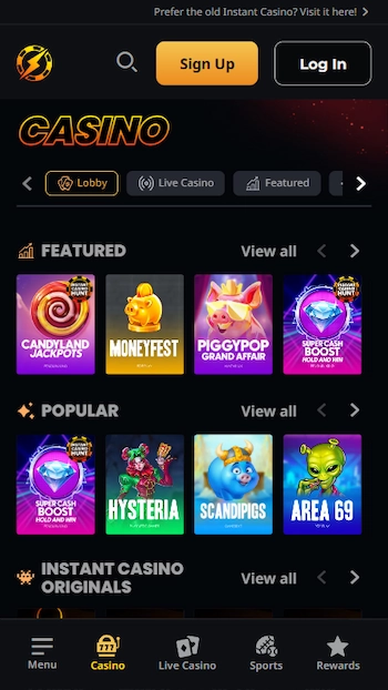Instant Casino hemsida från mobil