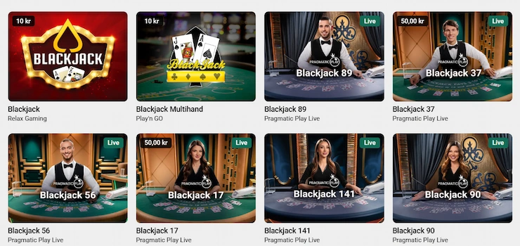 Olika blackjack spel tillgängliga på Unibet