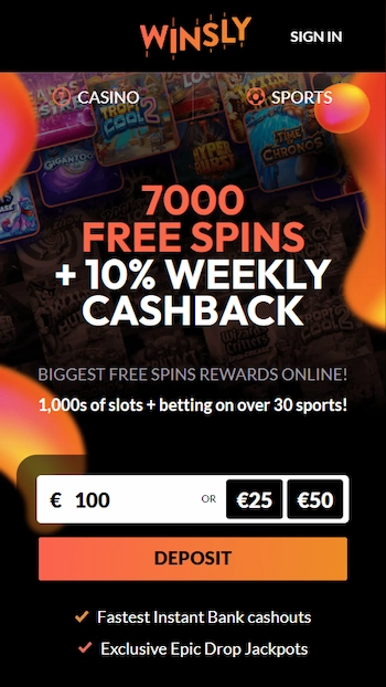 Winsly Casino hemsida från mobil
