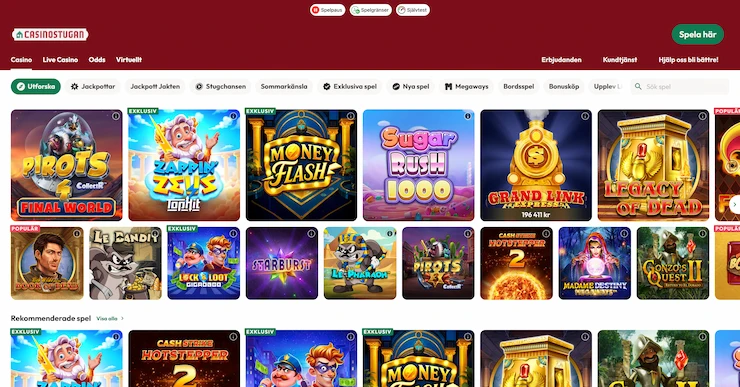 Casinostugan hemsida med vy över spelutbudet
