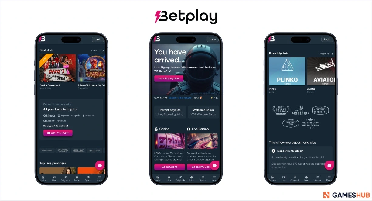 Betplay startsida, betalningsmetoder och Provably Fair spel