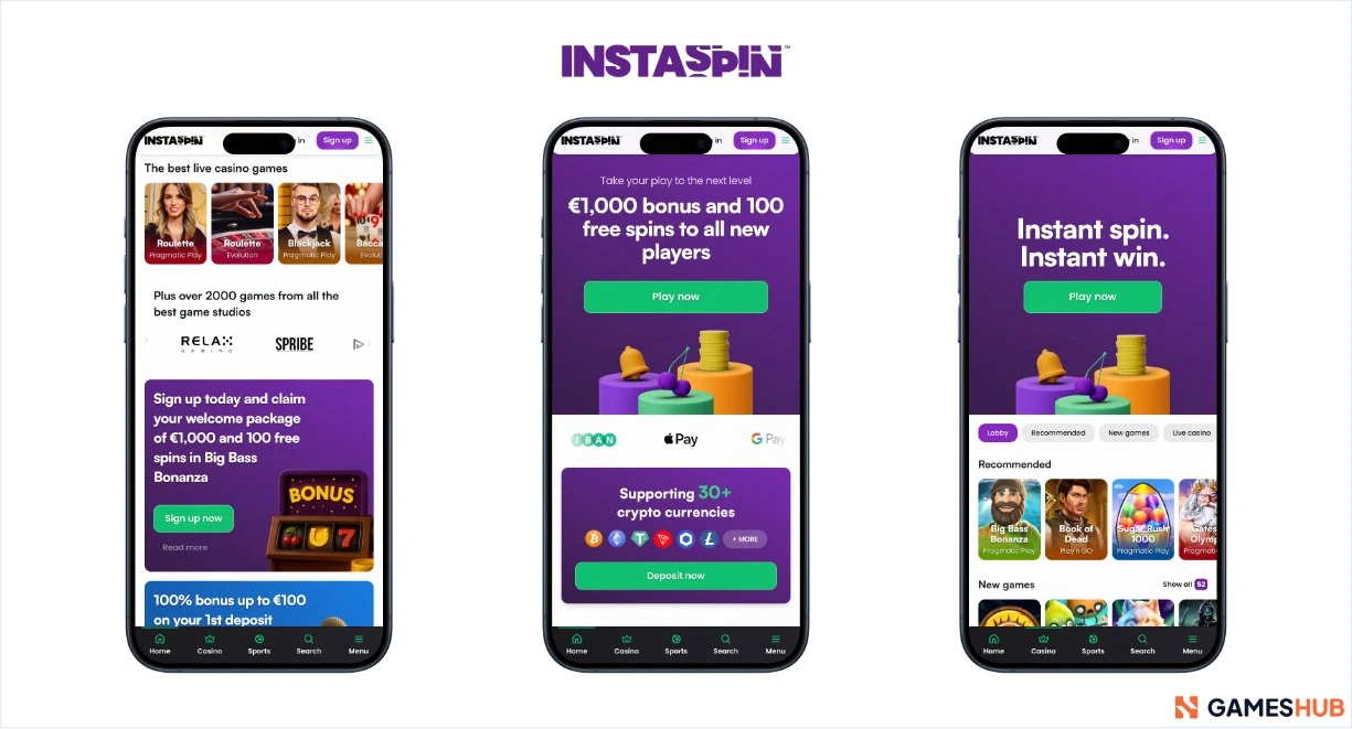 Instaspin bonus, krypto och spelutbud