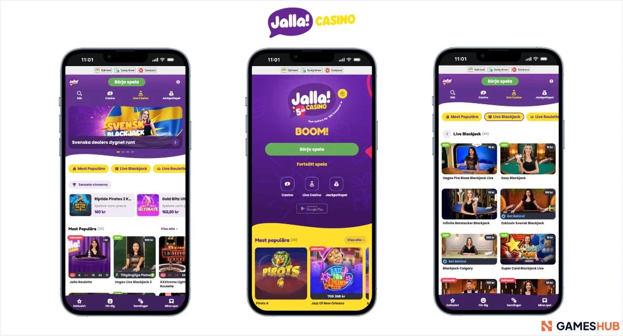 Jalala Casino startsida, live casino och populära casinospel