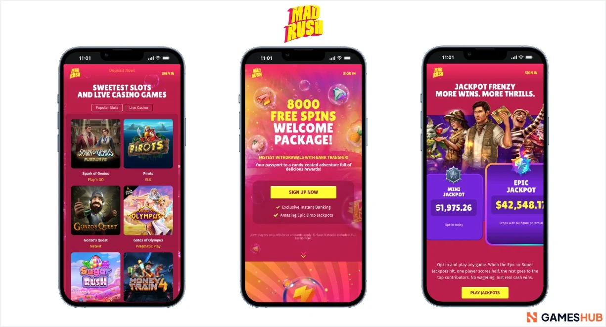 Mad Rush Casino free spins, slots och jackpots