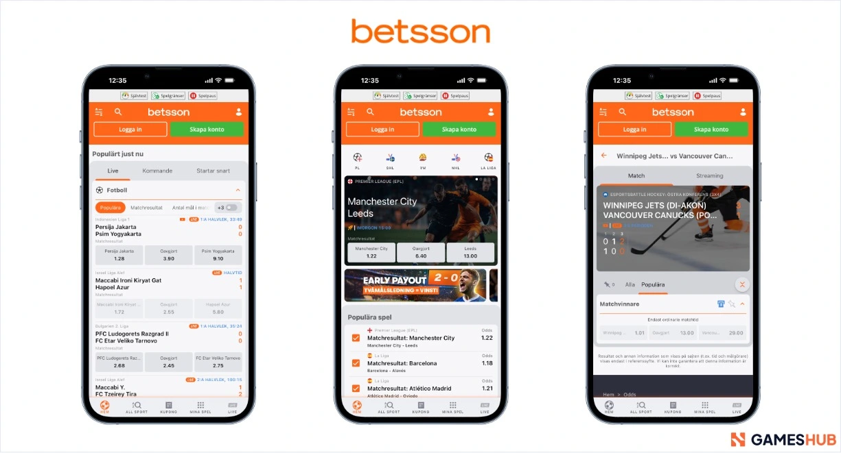 Betsson fotbolls odds, populära spel och streaming