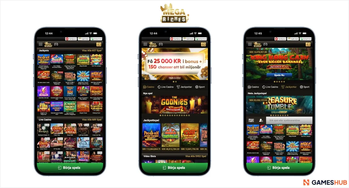 Mega Riches casino bonus, spellobby och heta jackpots