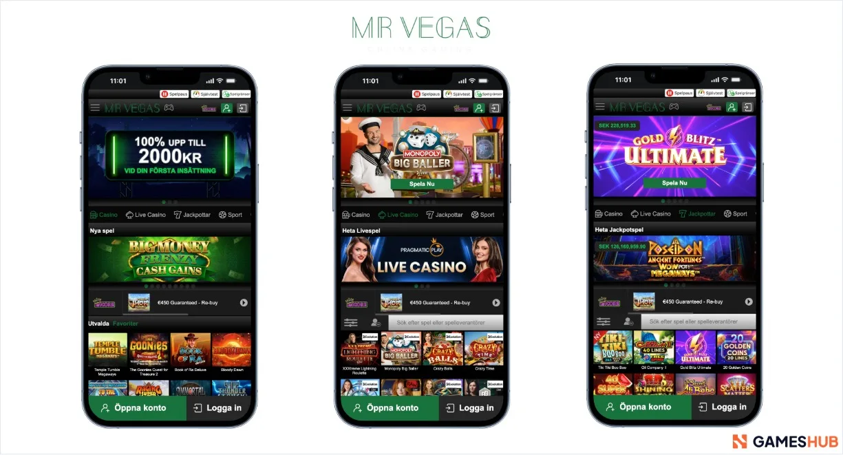 Mr Vegas bonus, live casino och slots
