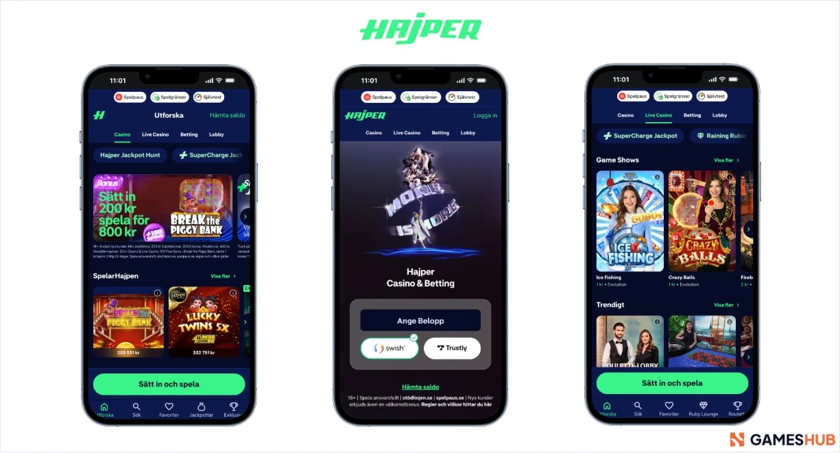 Hajper casino bonus, betalning och live casinospel