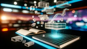 AI-powered 3D object generation in futuristic game development workspace with holographic procedural models
