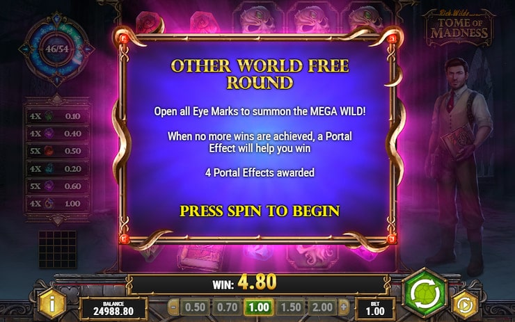 Other World Free Round activated in the Rich Wilde Tome of Madness online slot