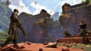Turok Origins characters outside of a temple in a jungle.