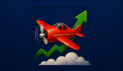 Red plane with green arrow on a blue background representing Aviator crash games