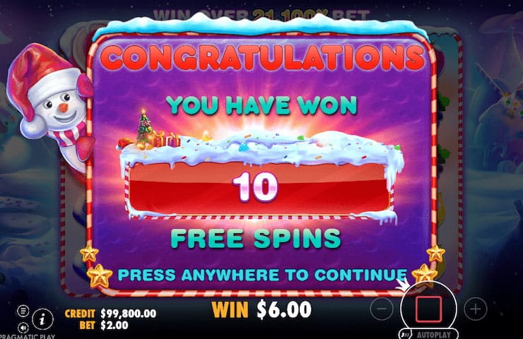 10 free spins triggered in the Sweet Bonanza XMas slot