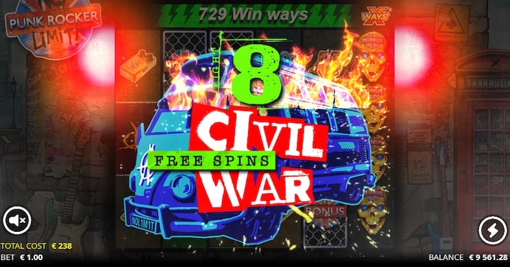 8 Civil War free spins activated in the Punk Rocker slot