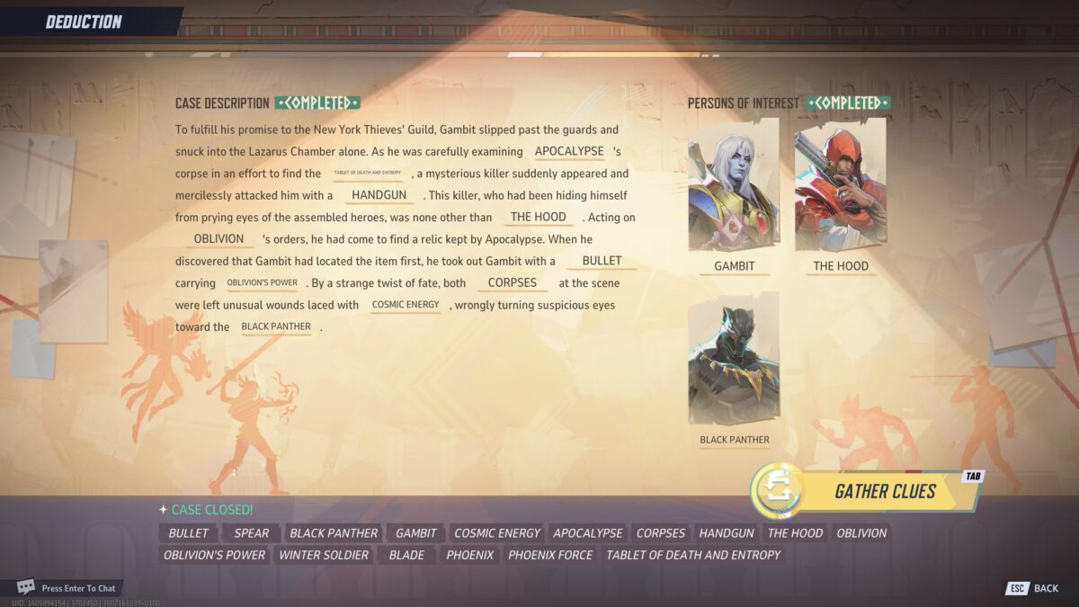 Image of the clues investigation page for Gambit in Marvel Rivals Season 9