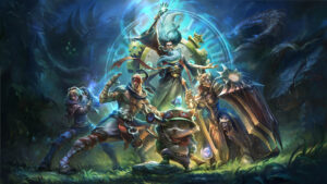 Classic LoL team in old Riot Games art style