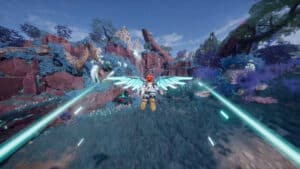 A character flying across a woodland in Palworld.