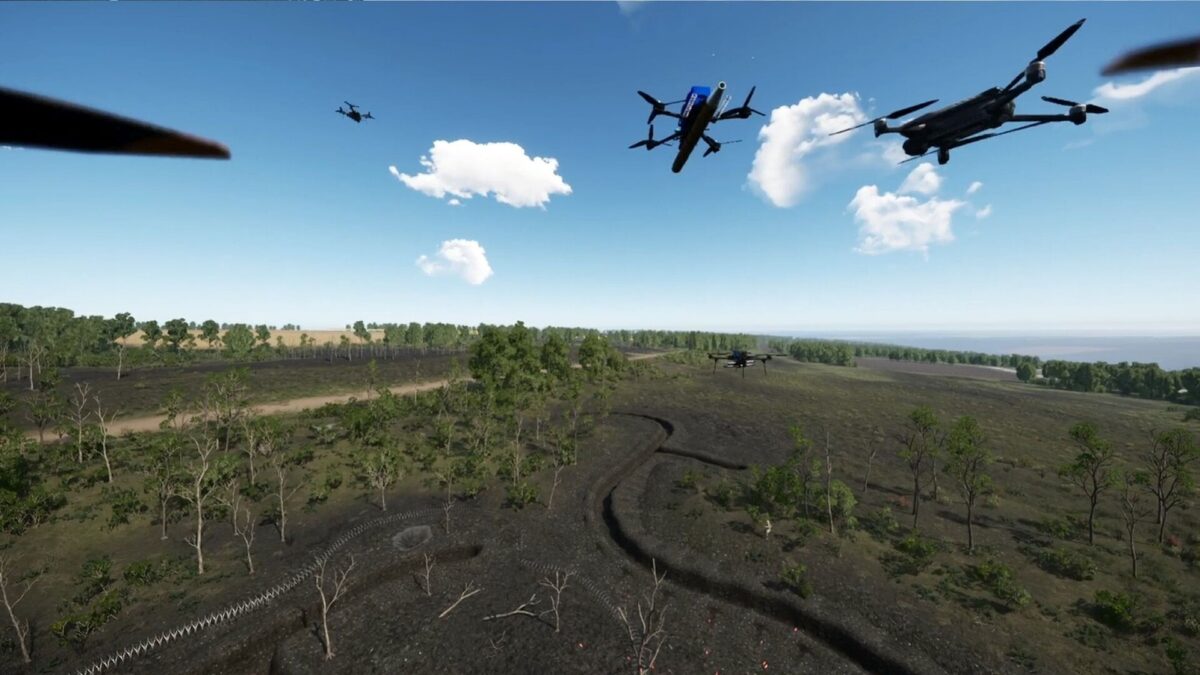 Several FPV drones fly over a rural battlefield landscape in Ukrainian Fight Drone Simulator.