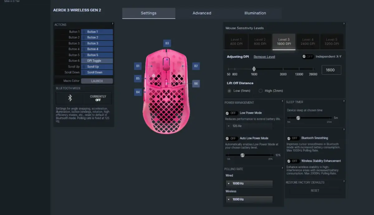 the Aerox 3 GG app setting interface