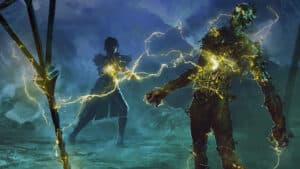DnD Warlock game casting Witch Bolt at an enemy.