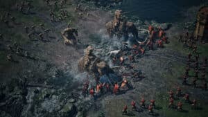 Giants and Lannister foot soldiers doing battle.