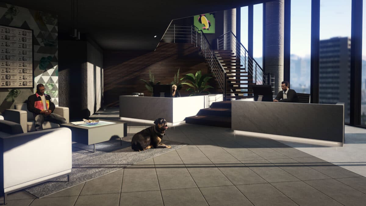 Image of a lobby and reception desk of the Celebrity Solutions Agency, a purchasable business property featured in Grand Theft Auto Online.